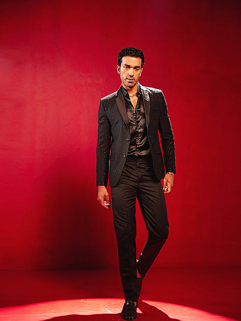 Men's Black Georgette Embroidered Blazer